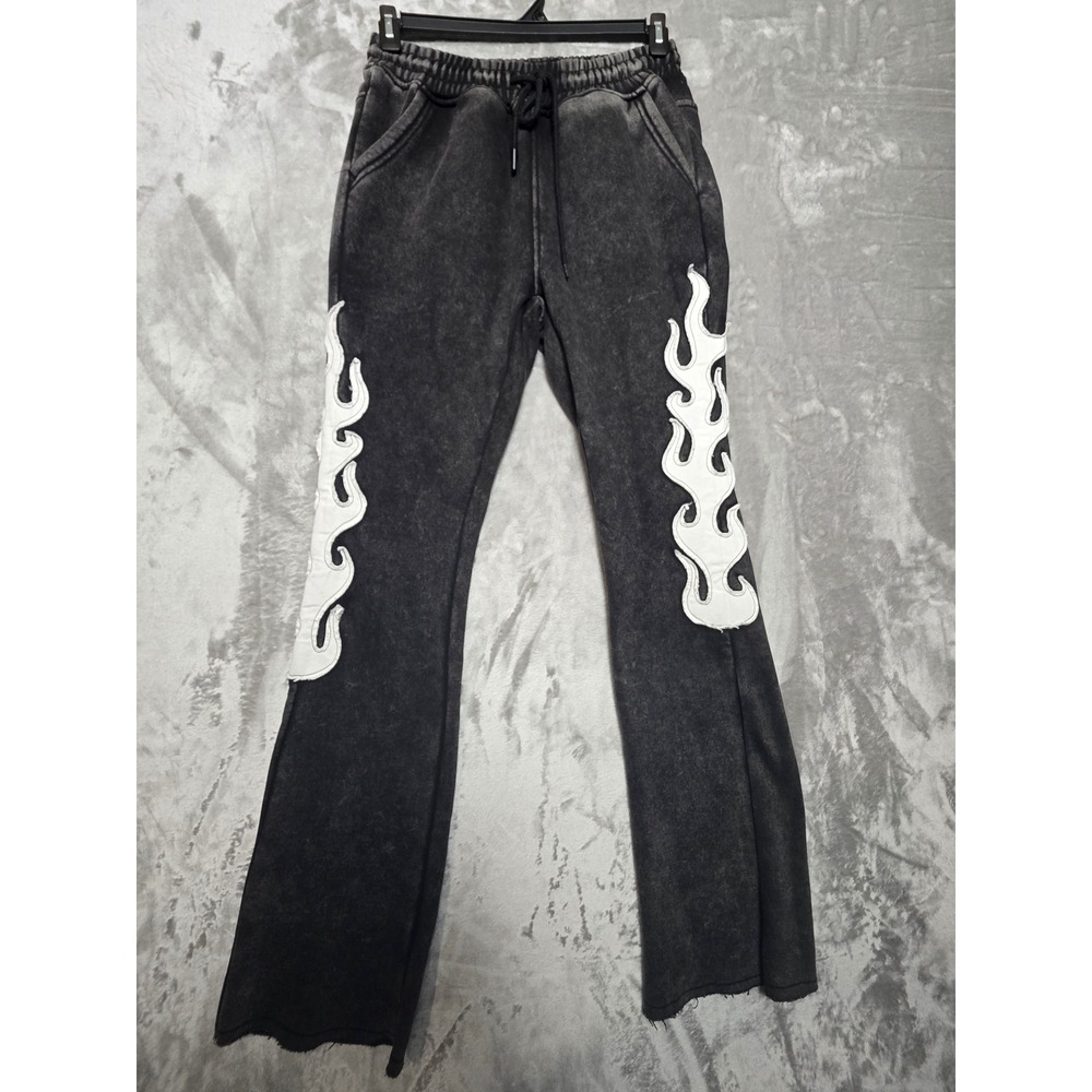 Copper Rivet Flame Patch Flared Sweatpants Mens Small Black Acid Wash Streetwear